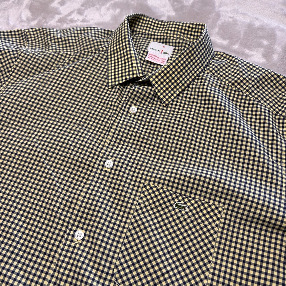 Vtg‎ Lacoste Shirt Mens 42 Yellow Blue Gingham Check Long Sleeve Cotton Preppy - Picture 2 of 9